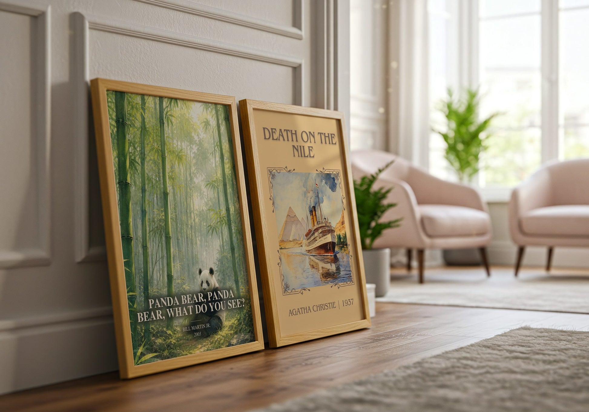 Panda Bear, Panda Bear, What Do You See? watercolour print framed by window – literary home decor