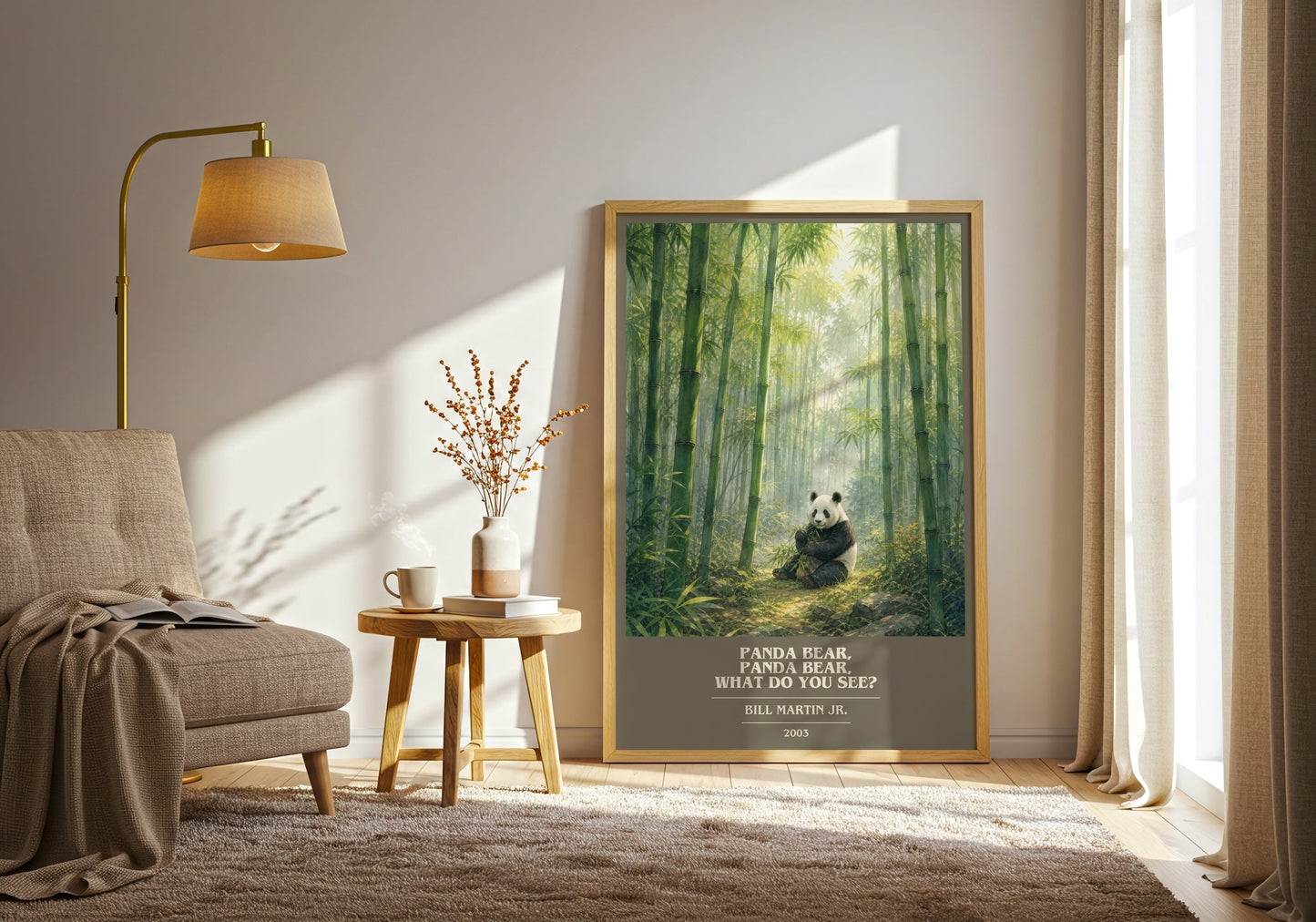 Panda Bear, Panda Bear, What Do You See? book cover print on bookshelf – Bill Martin Jr. fan gift