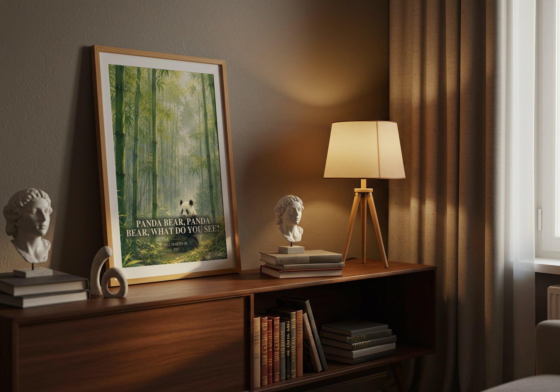 Panda Bear, Panda Bear, What Do You See? watercolour print on bookshelf – Bill Martin Jr. fan gift