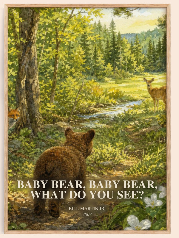 Baby Bear, Baby Bear, What Do You See? watercolour book poster by Bill Martin Jr. – framed literary art print
