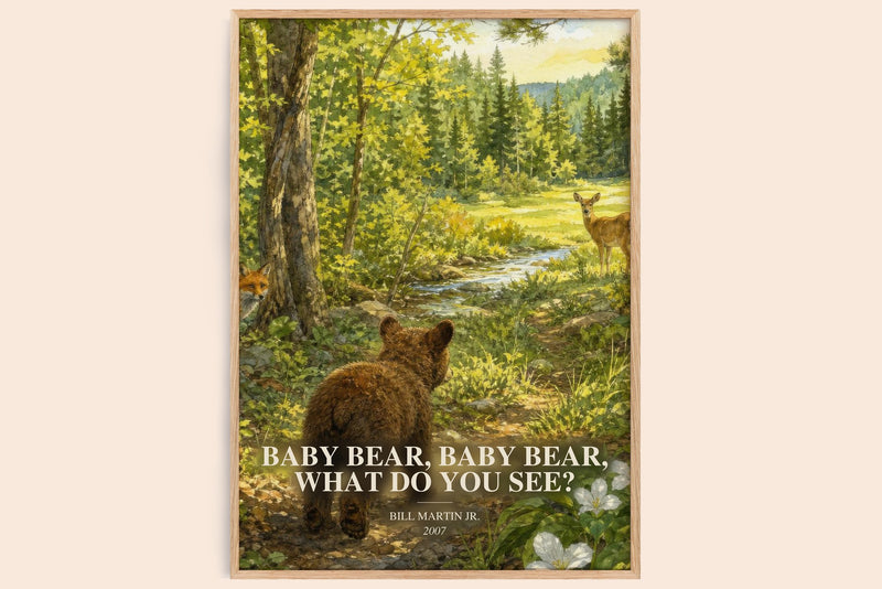 Baby Bear, Baby Bear, What Do You See? watercolour book poster by Bill Martin Jr. – framed literary art print