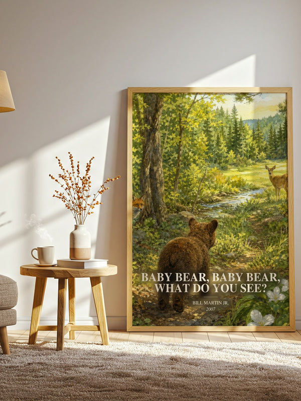 Baby Bear, Baby Bear, What Do You See? watercolour print in frame leaning in hallway – childrens wall art