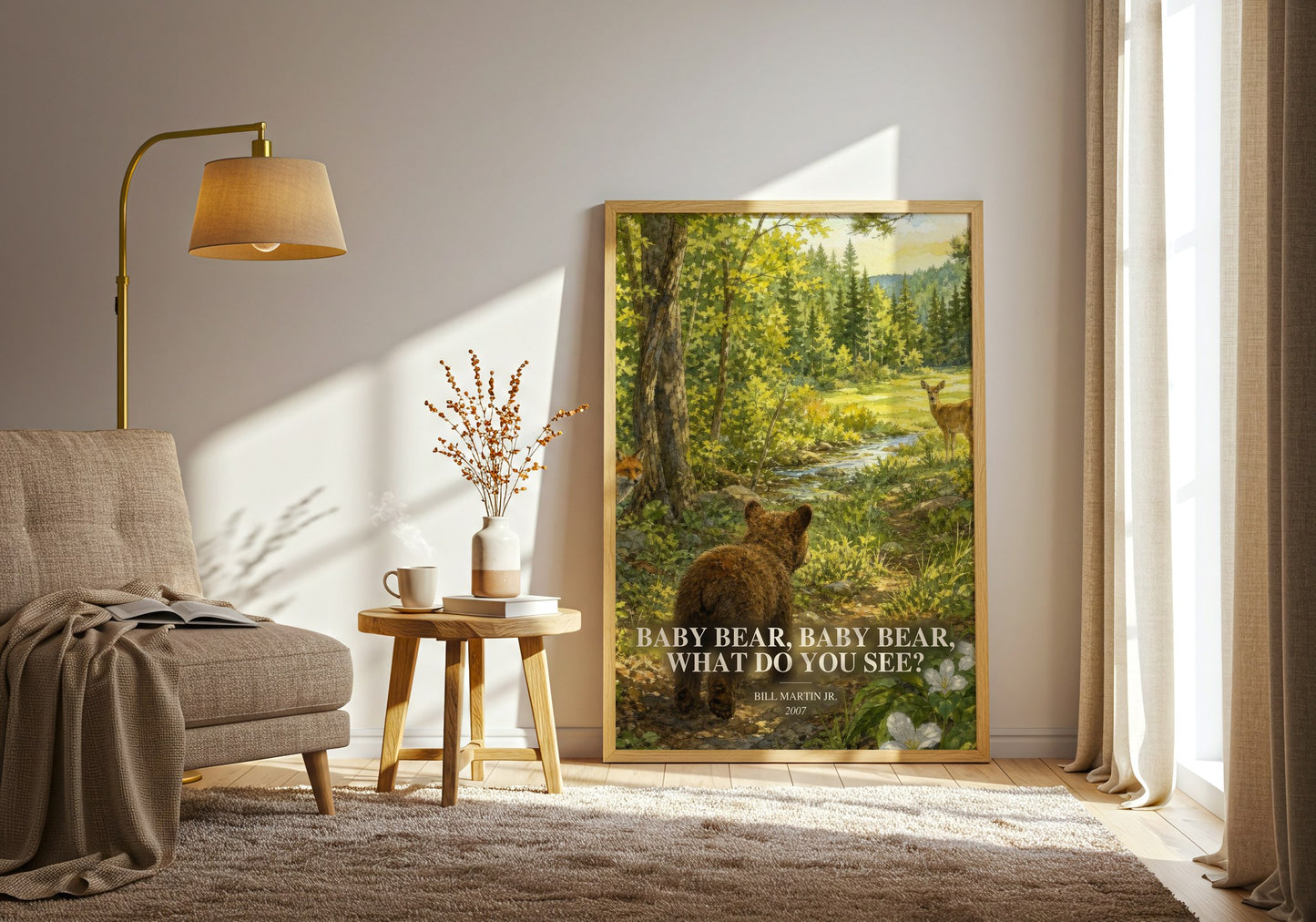Baby Bear, Baby Bear, What Do You See? watercolour print in frame leaning in hallway – childrens wall art