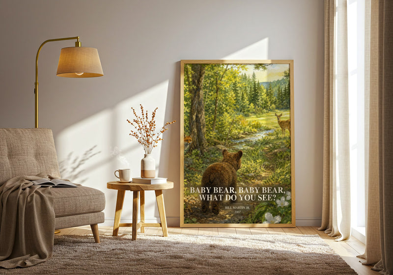 Baby Bear, Baby Bear, What Do You See? watercolour print in frame leaning in hallway – childrens wall art