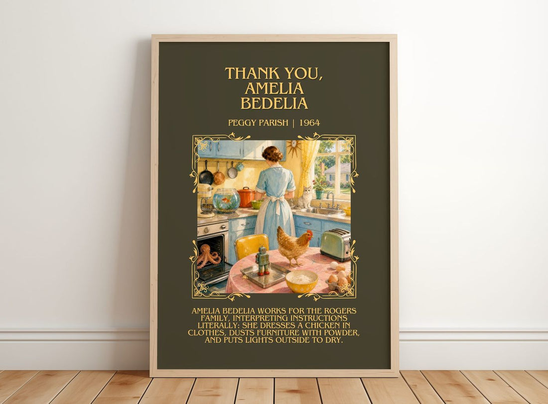 Thank You, Amelia Bedelia Minimalist Book Poster by Peggy Parish – framed print leaning on a wooden floor