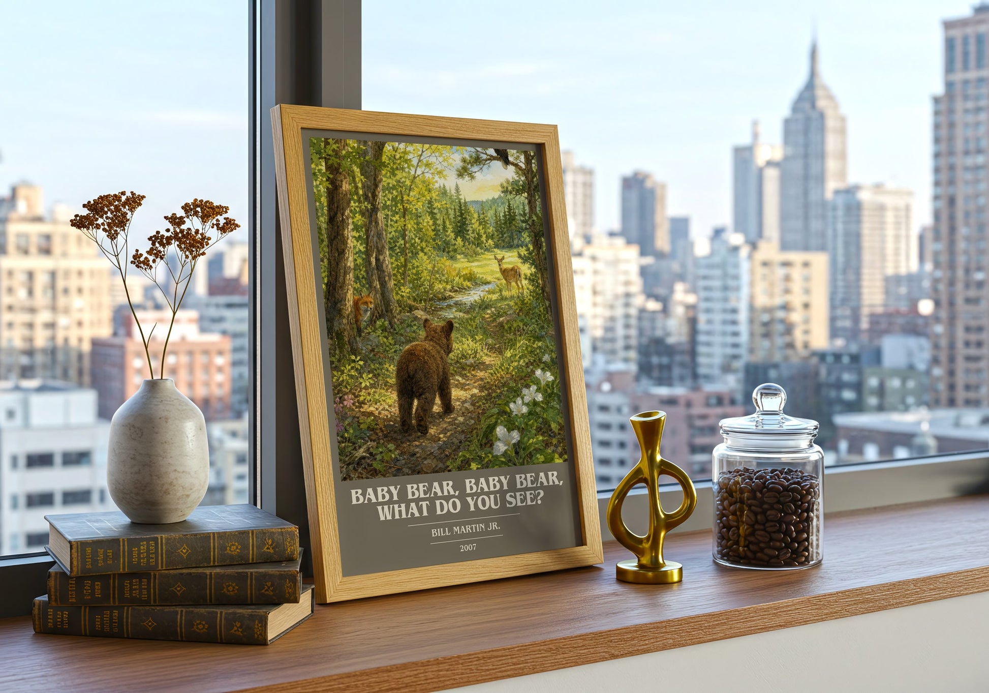 Baby Bear, Baby Bear, What Do You See? book cover print framed by window – literary home decor