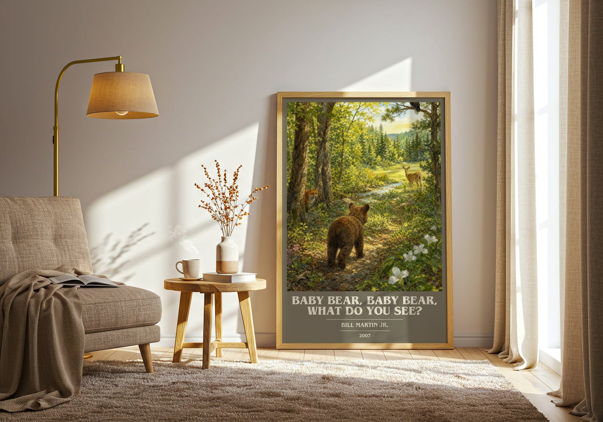 Baby Bear, Baby Bear, What Do You See? book cover print on bookshelf – Bill Martin Jr. fan gift