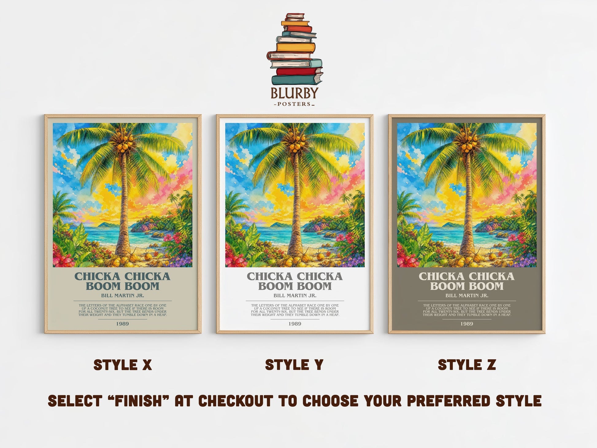 Chicka Chicka Boom Boom bookish print in frame leaning in hallway – childrens wall art