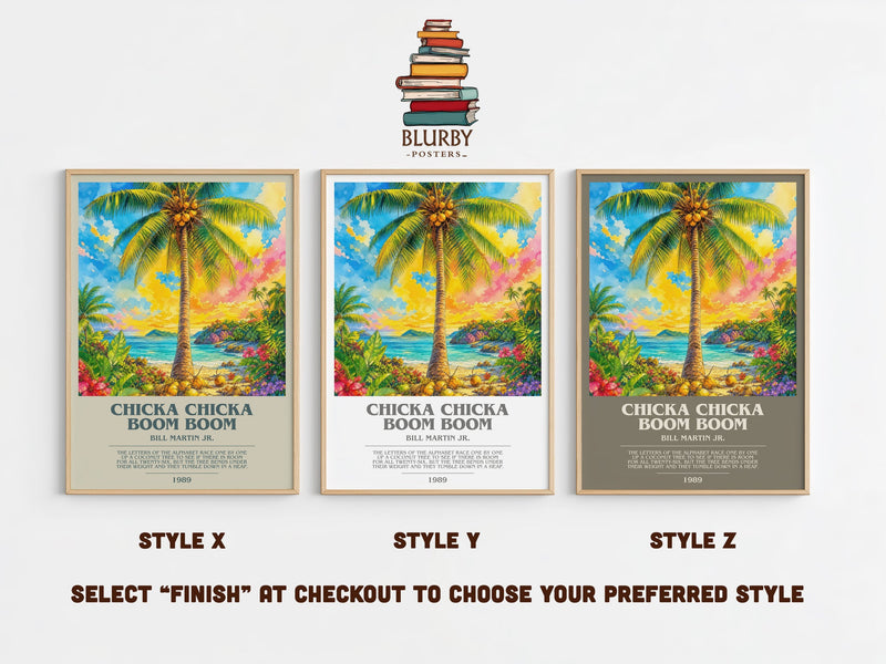 Chicka Chicka Boom Boom bookish print in frame leaning in hallway – childrens wall art