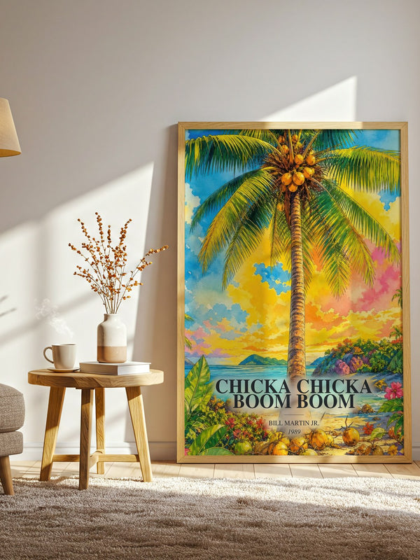 Chicka Chicka Boom Boom watercolour print in frame leaning in hallway – childrens wall art