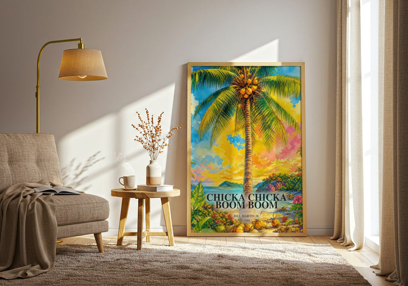 Chicka Chicka Boom Boom watercolour print in frame leaning in hallway – childrens wall art