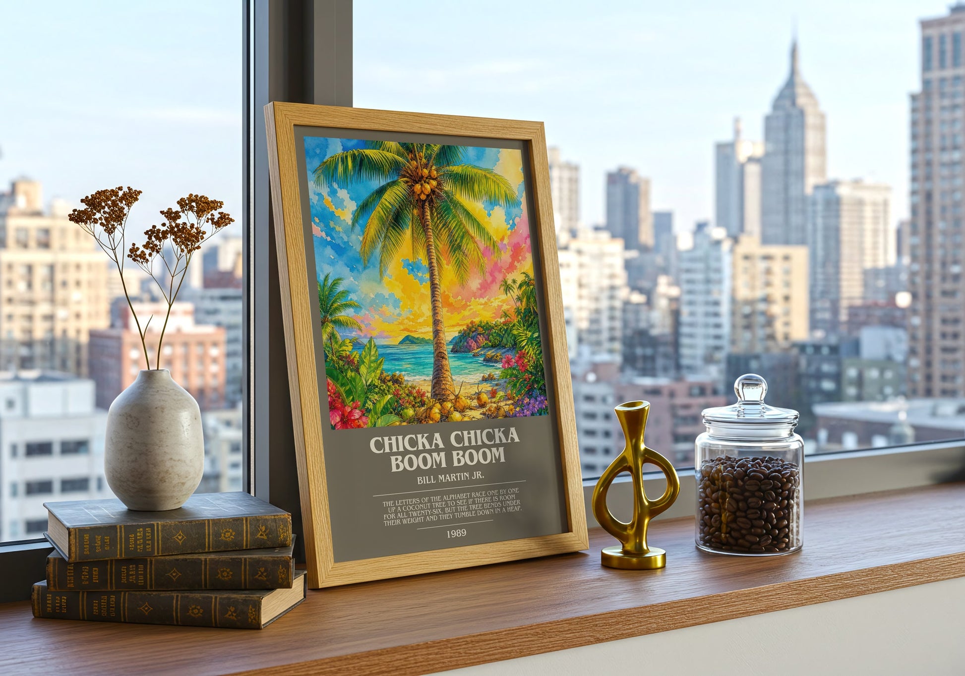 Chicka Chicka Boom Boom bookish print framed by window – literary home decor