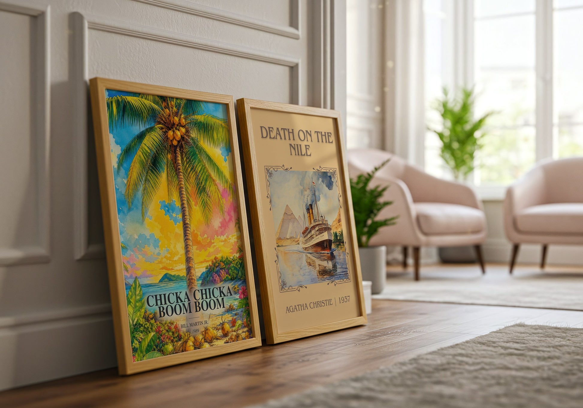 Chicka Chicka Boom Boom watercolour print framed by window – literary home decor