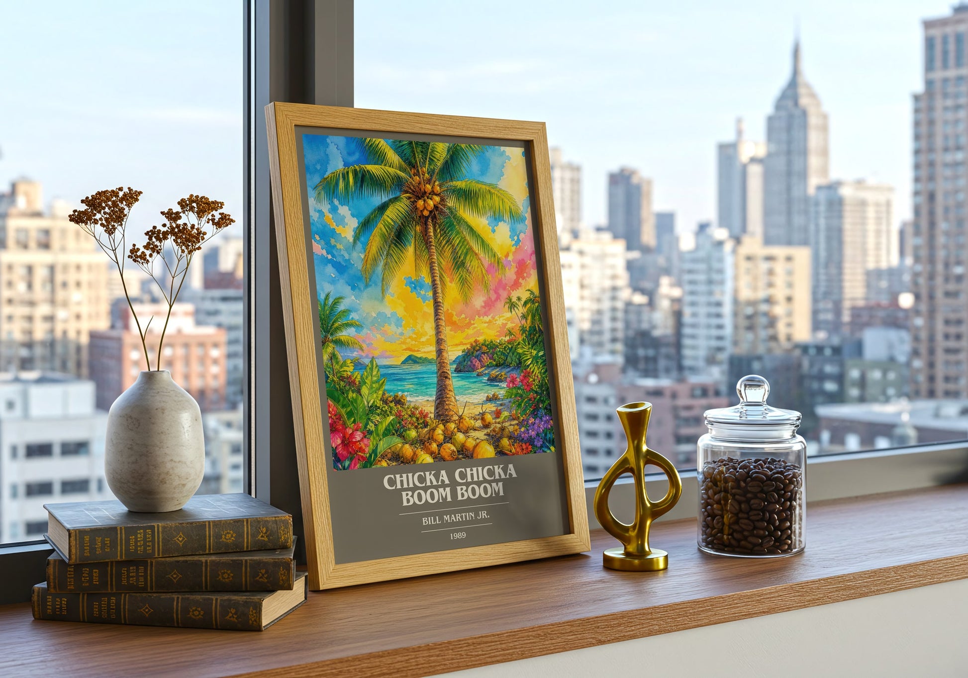 Chicka Chicka Boom Boom book cover print framed by window – literary home decor