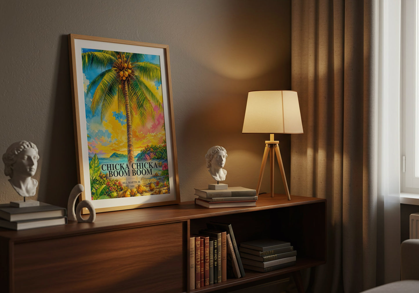Chicka Chicka Boom Boom watercolour print on bookshelf – Bill Martin Jr. fan gift
