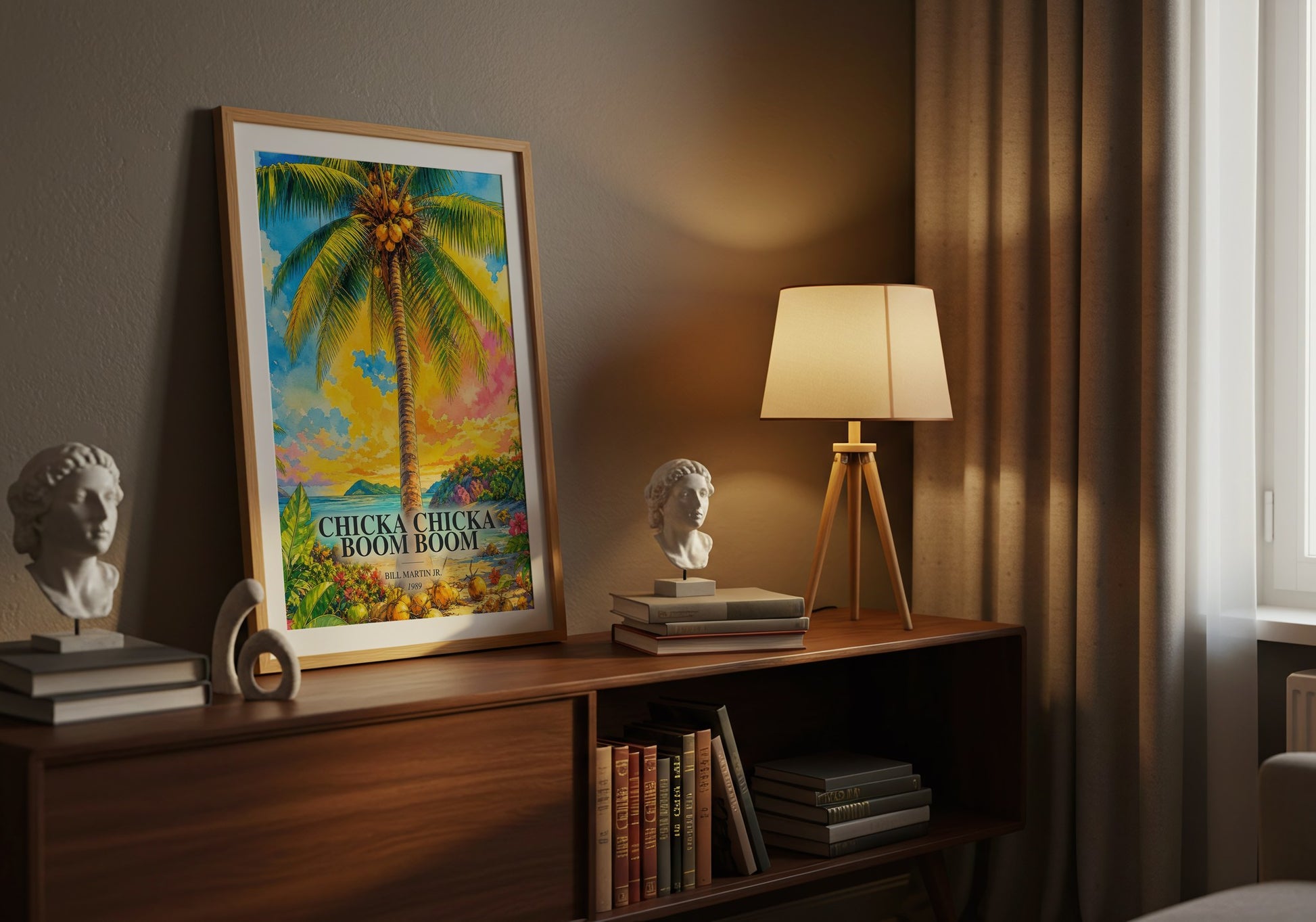 Chicka Chicka Boom Boom watercolour print on bookshelf – Bill Martin Jr. fan gift