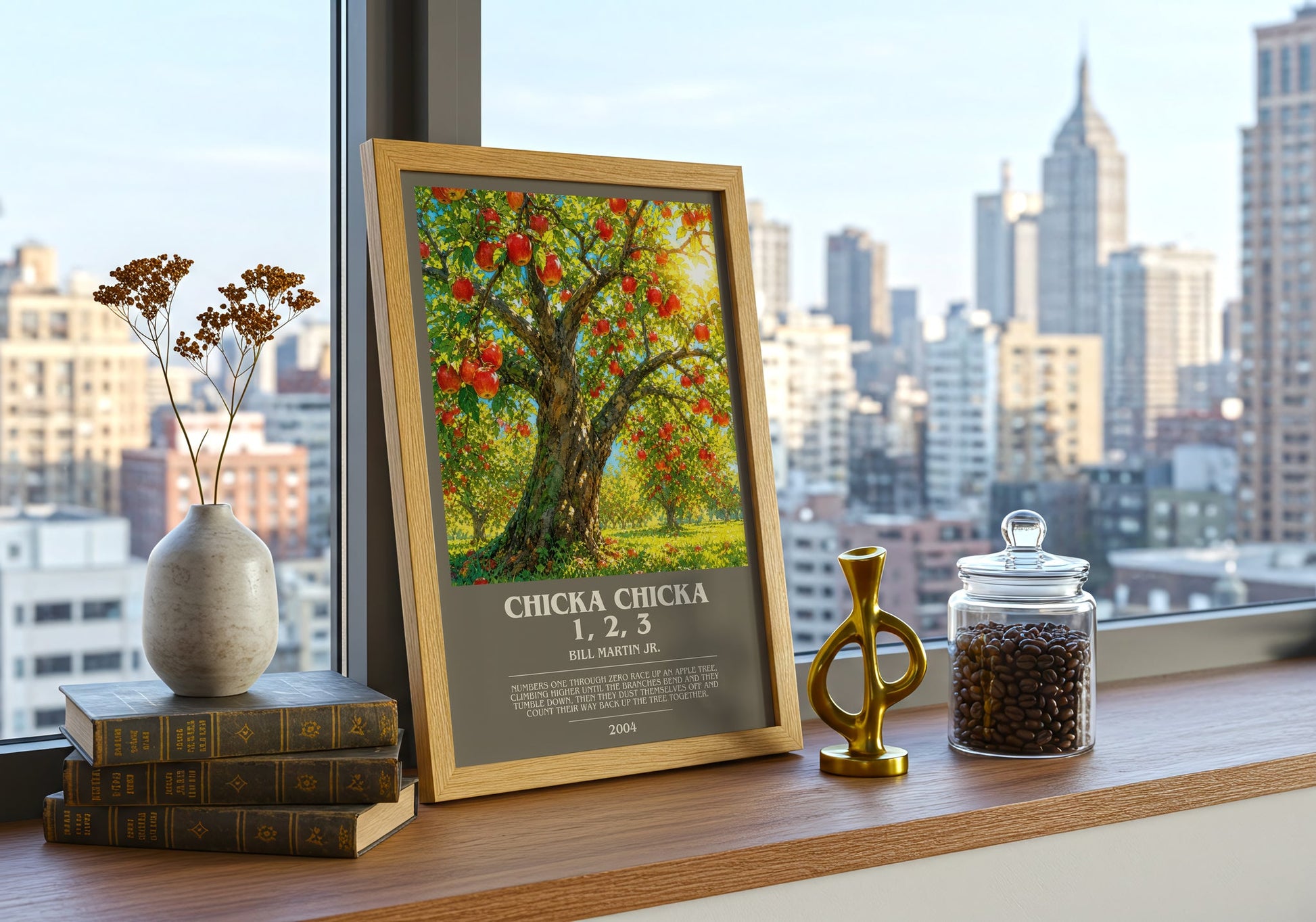 Chicka Chicka 1, 2, 3 bookish print framed by window – literary home decor