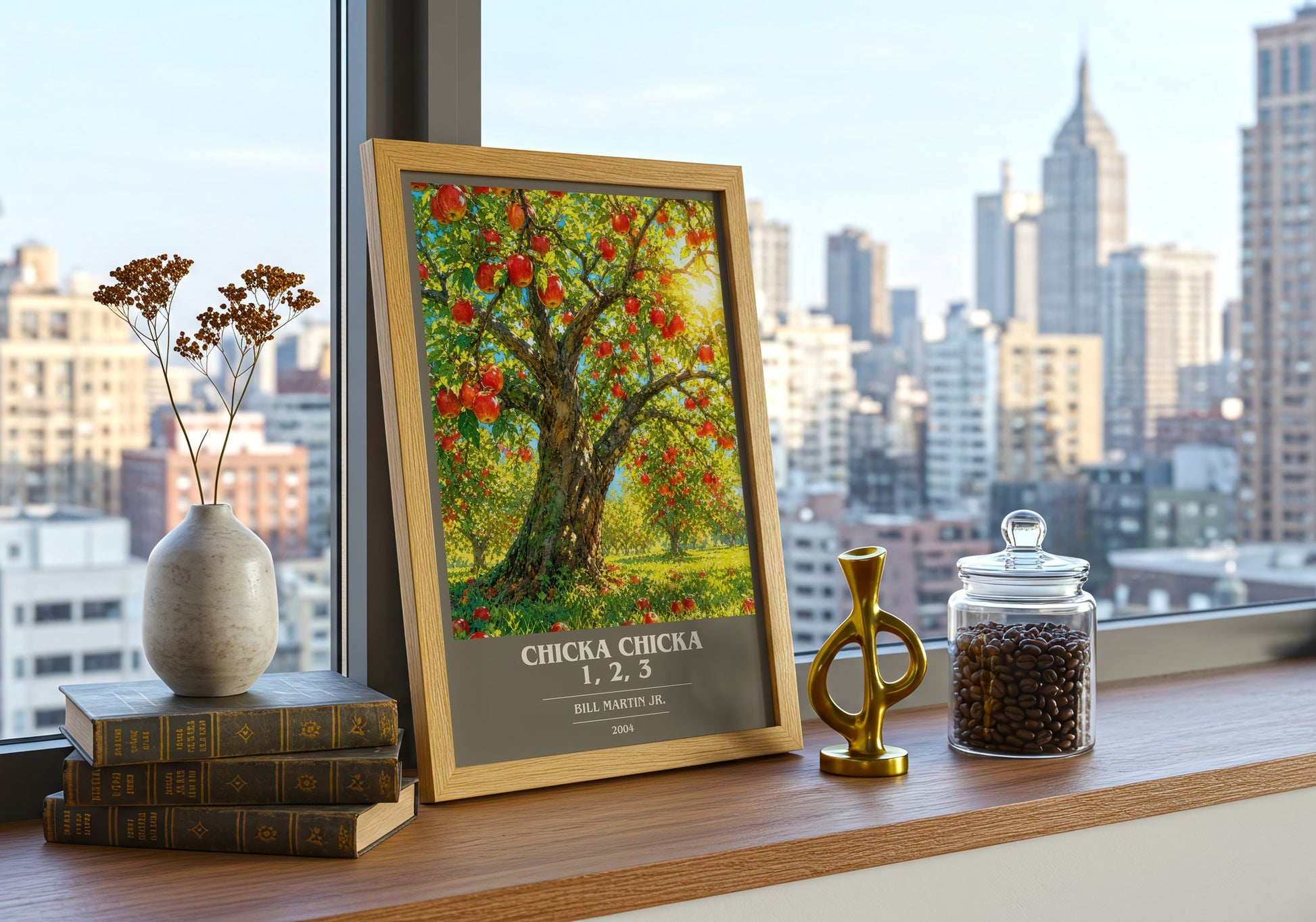 Chicka Chicka 1, 2, 3 book cover print framed by window – literary home decor