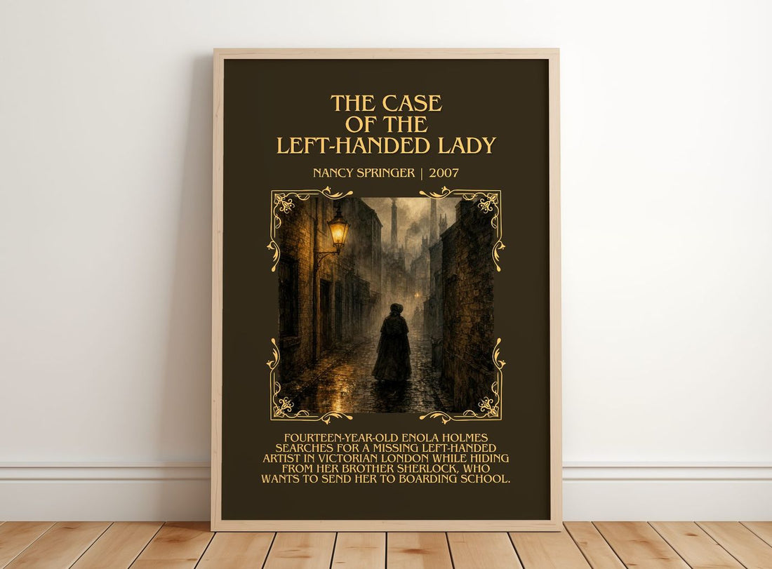 Case of the Left-Handed Lady Minimalist Book Poster by Nancy Springer – framed print leaning on a wooden floor