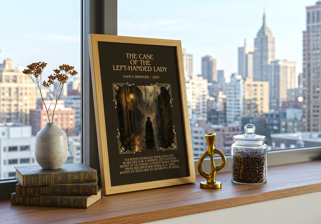 Case of the Left-Handed Lady Minimalist Book Poster by Nancy Springer – framed print on a city-view windowsill