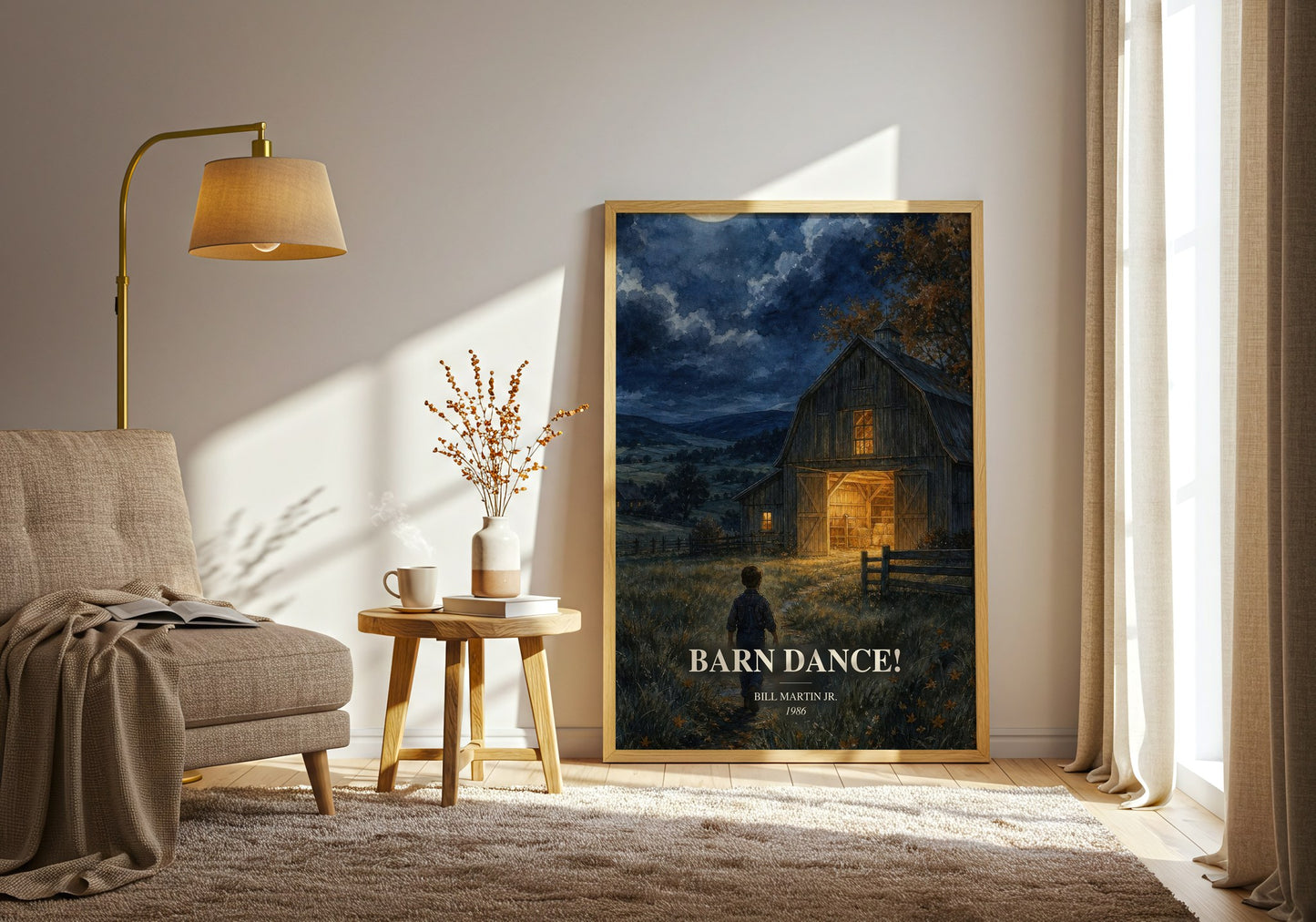 Barn Dance! watercolour print in frame leaning in hallway – childrens wall art
