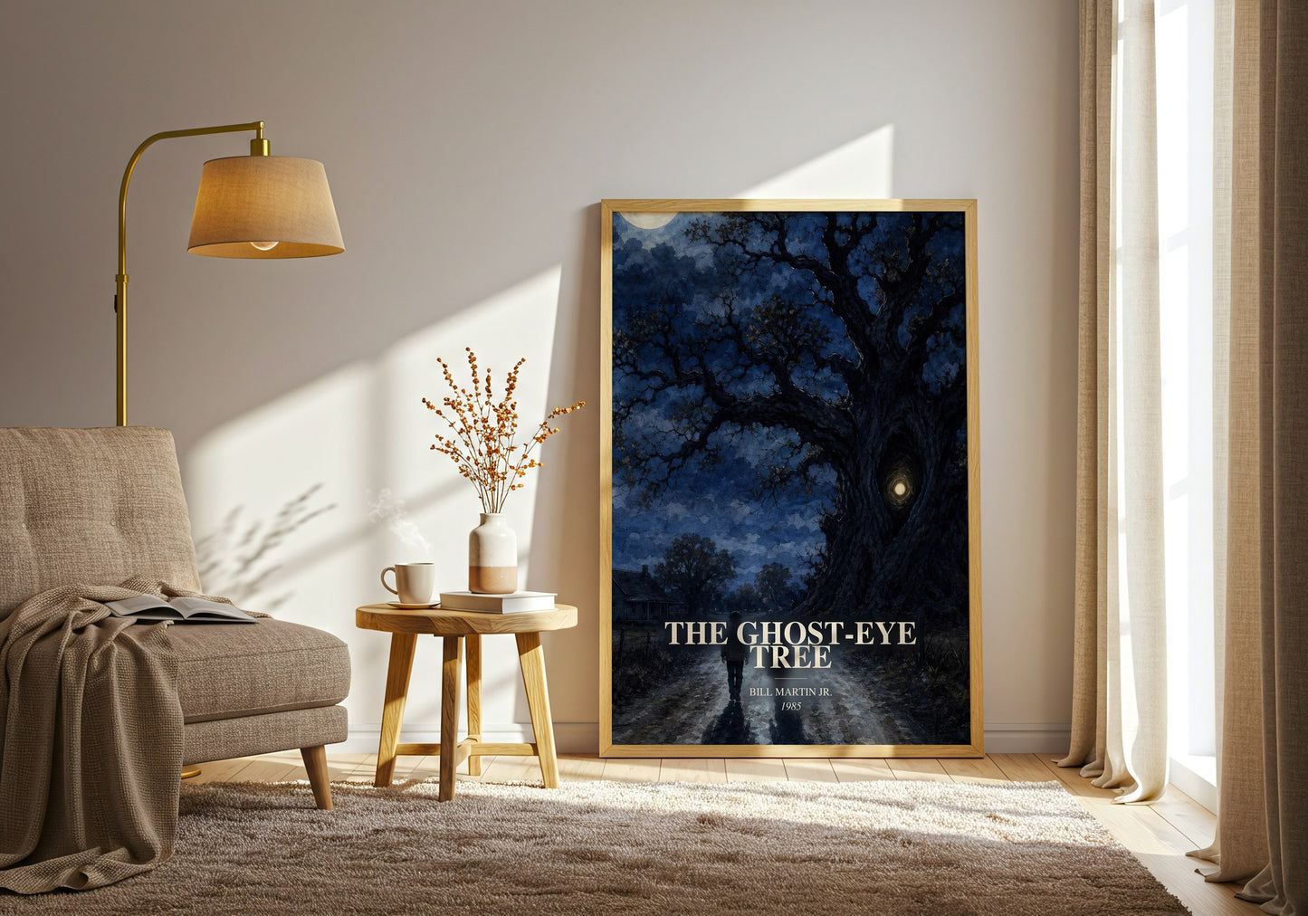 The Ghost-Eye Tree watercolour print in frame leaning in hallway – childrens wall art