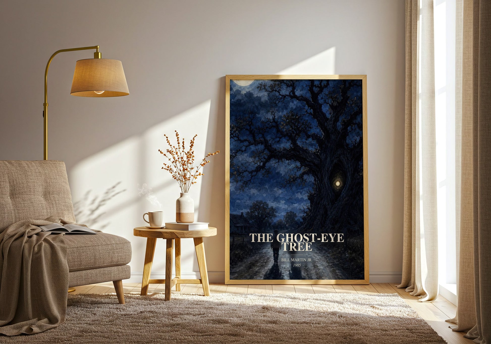The Ghost-Eye Tree watercolour print in frame leaning in hallway – childrens wall art
