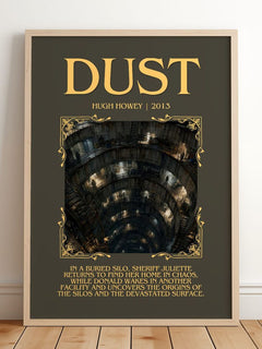 Dust Minimalist Book Poster by Hugh Howey – framed print leaning on a wooden floor