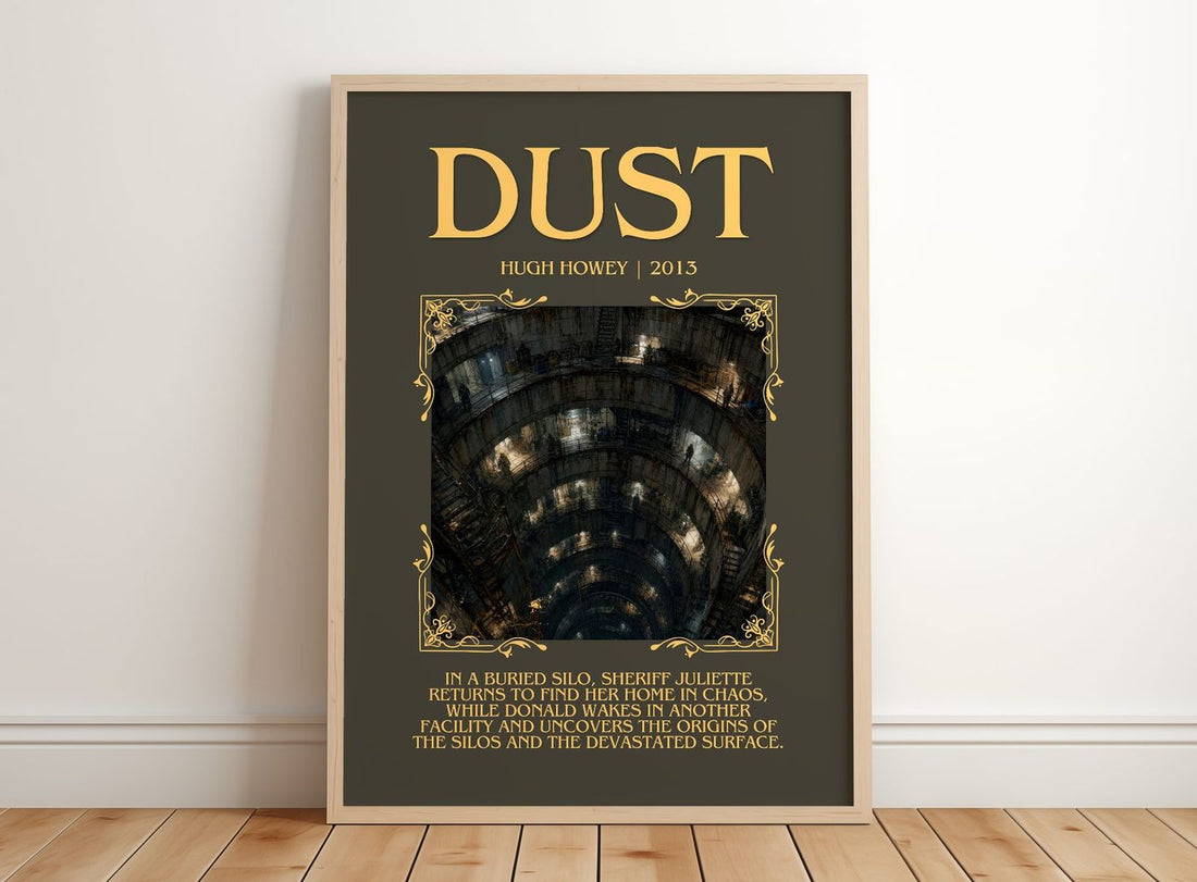 Dust Minimalist Book Poster by Hugh Howey – framed print leaning on a wooden floor