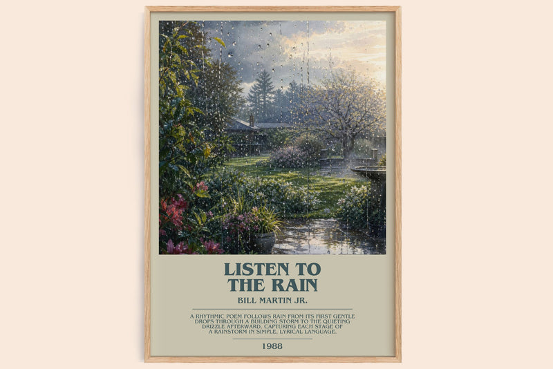 Listen To The Rain bookish book poster by Bill Martin Jr. – framed literary art print