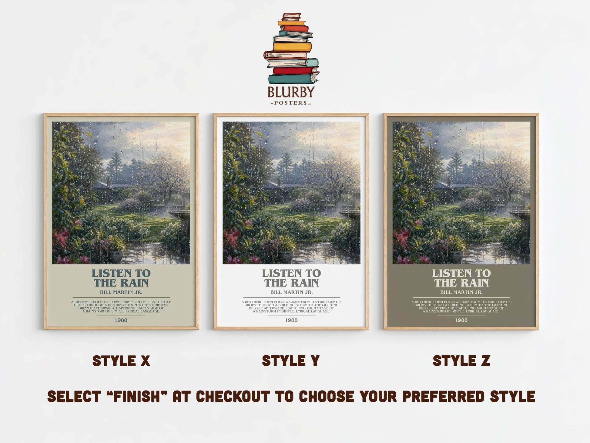 Listen To The Rain bookish print in frame leaning in hallway – childrens wall art