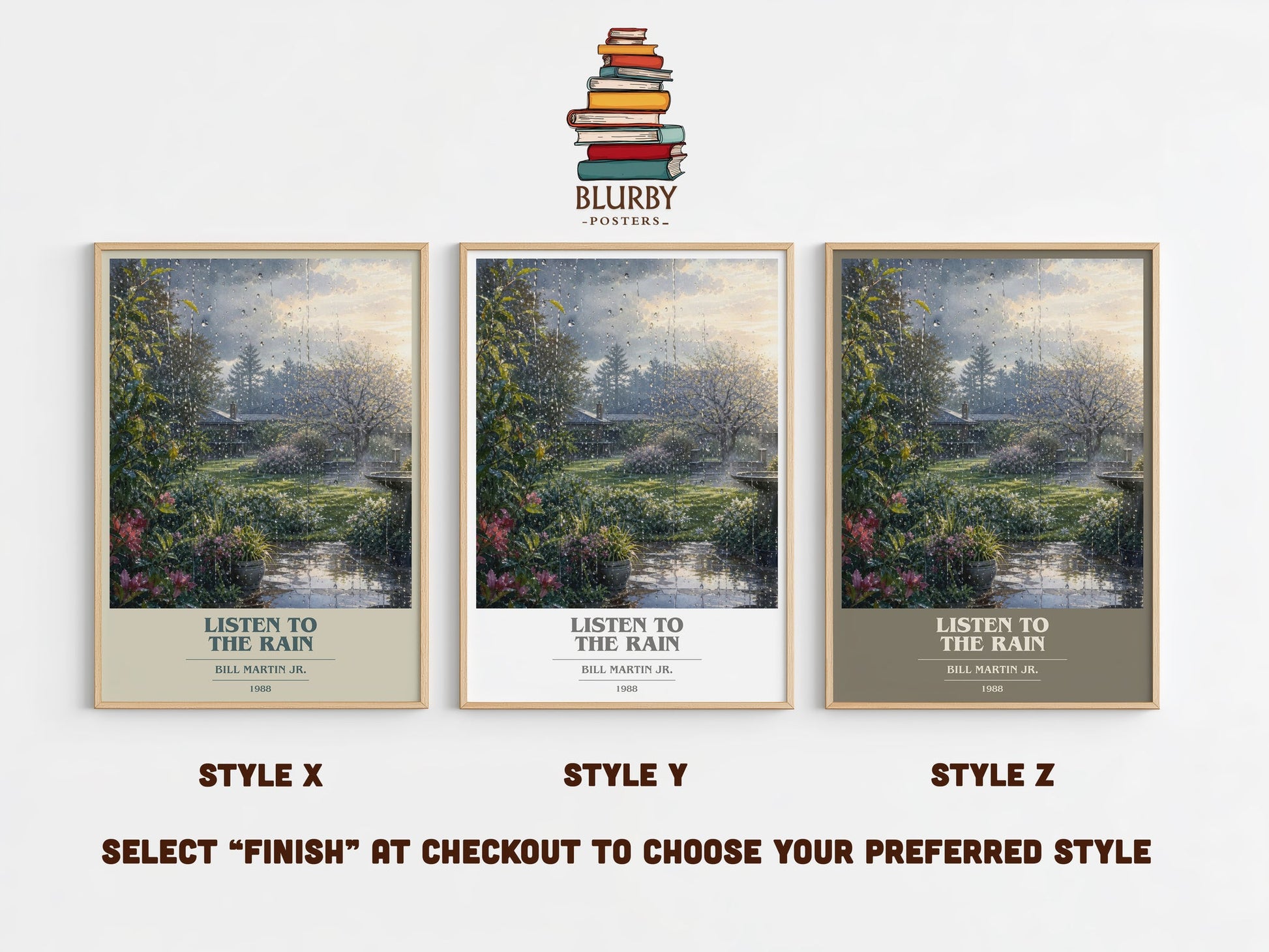 Listen To The Rain book cover print in frame leaning in hallway – childrens wall art