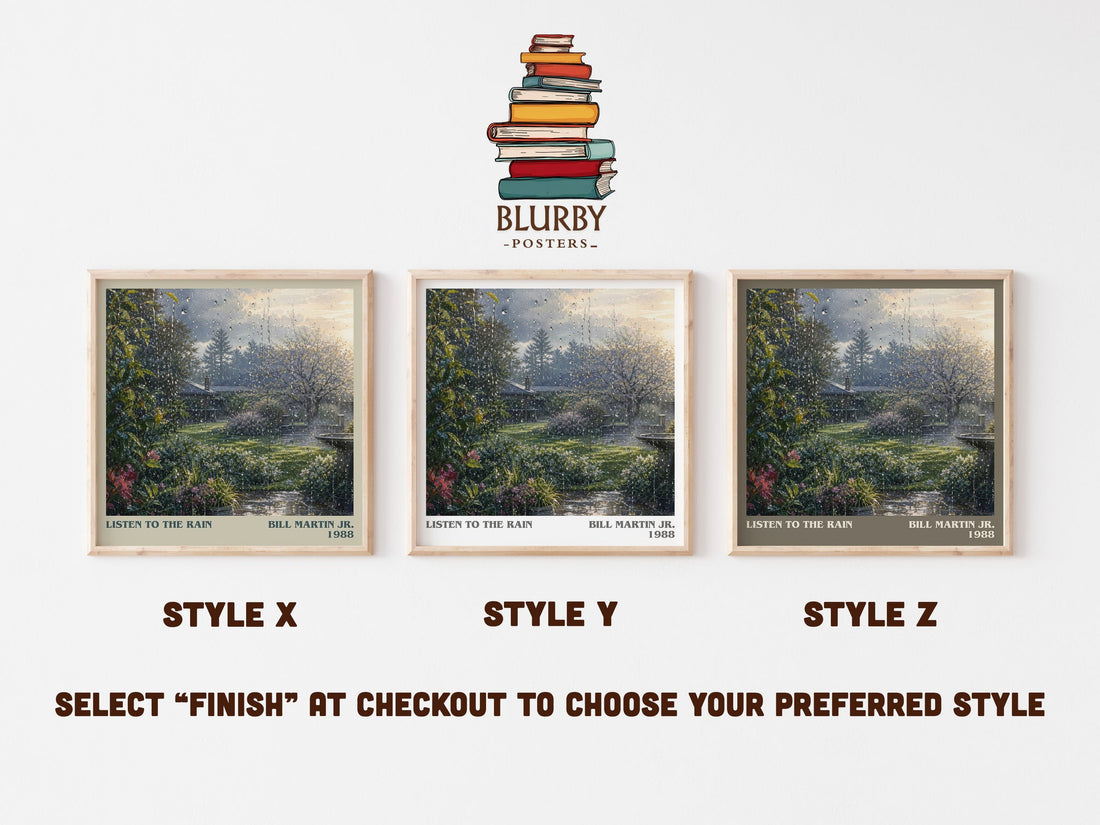 Listen To The Rain literary print in frame leaning in hallway – childrens wall art (mockup)