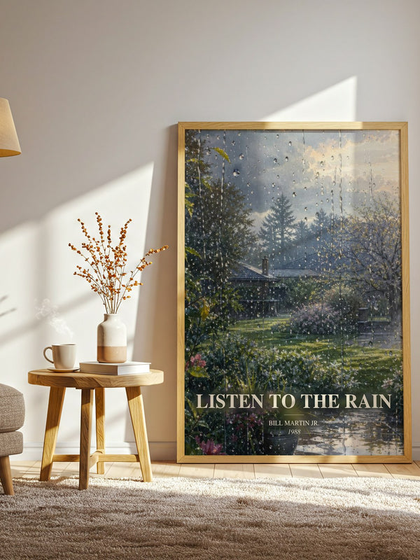 Listen To The Rain watercolour print in frame leaning in hallway – childrens wall art