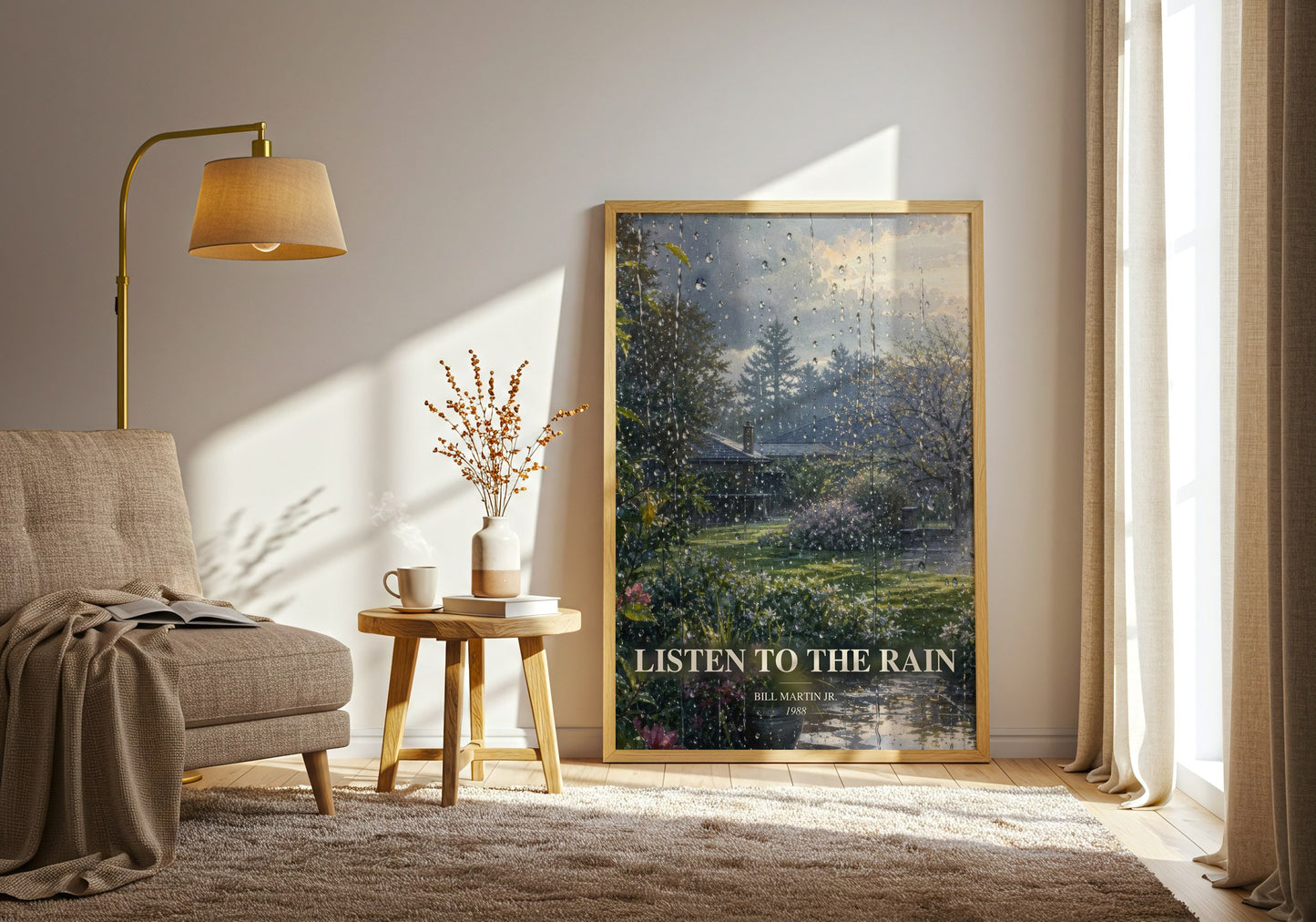 Listen To The Rain watercolour print in frame leaning in hallway – childrens wall art