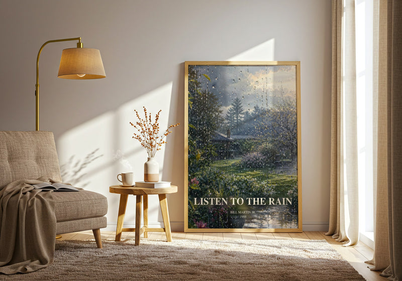 Listen To The Rain watercolour print in frame leaning in hallway – childrens wall art