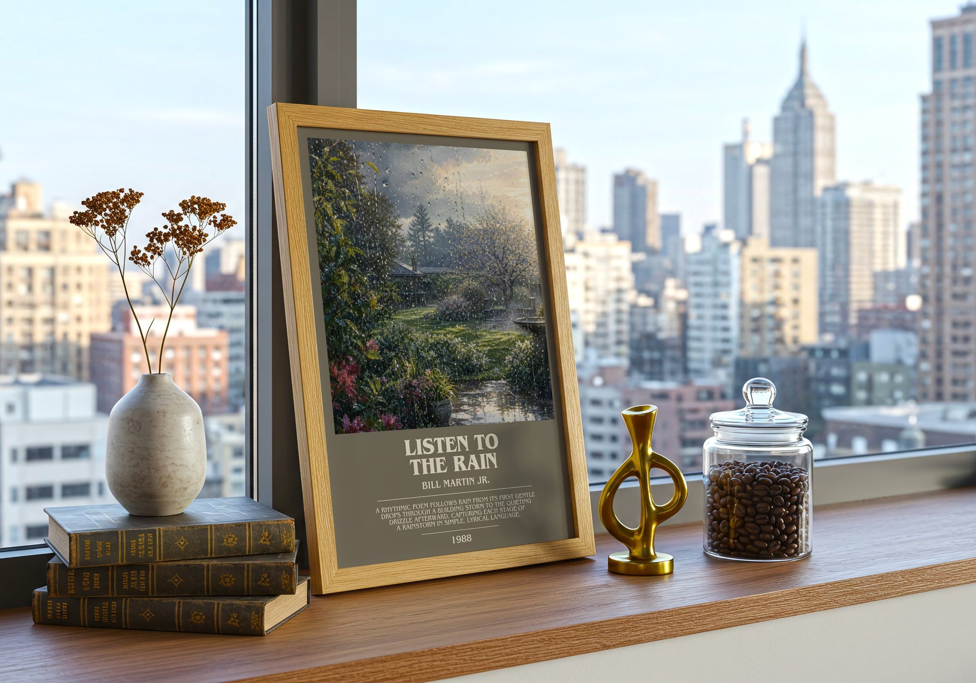 Listen To The Rain bookish print framed by window – literary home decor