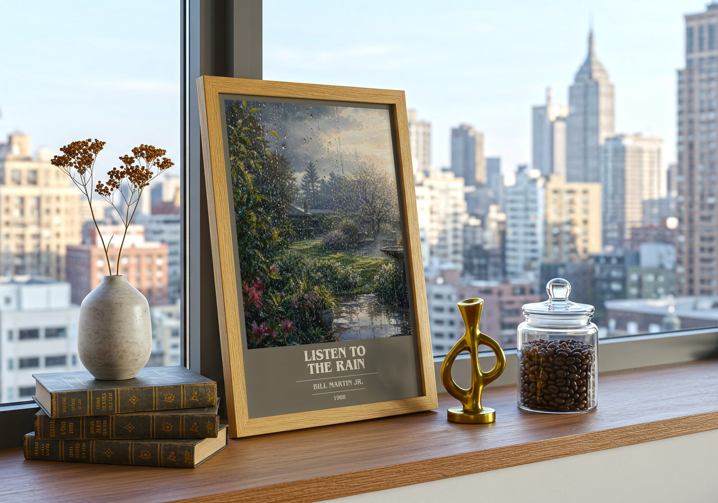 Listen To The Rain book cover print framed by window – literary home decor