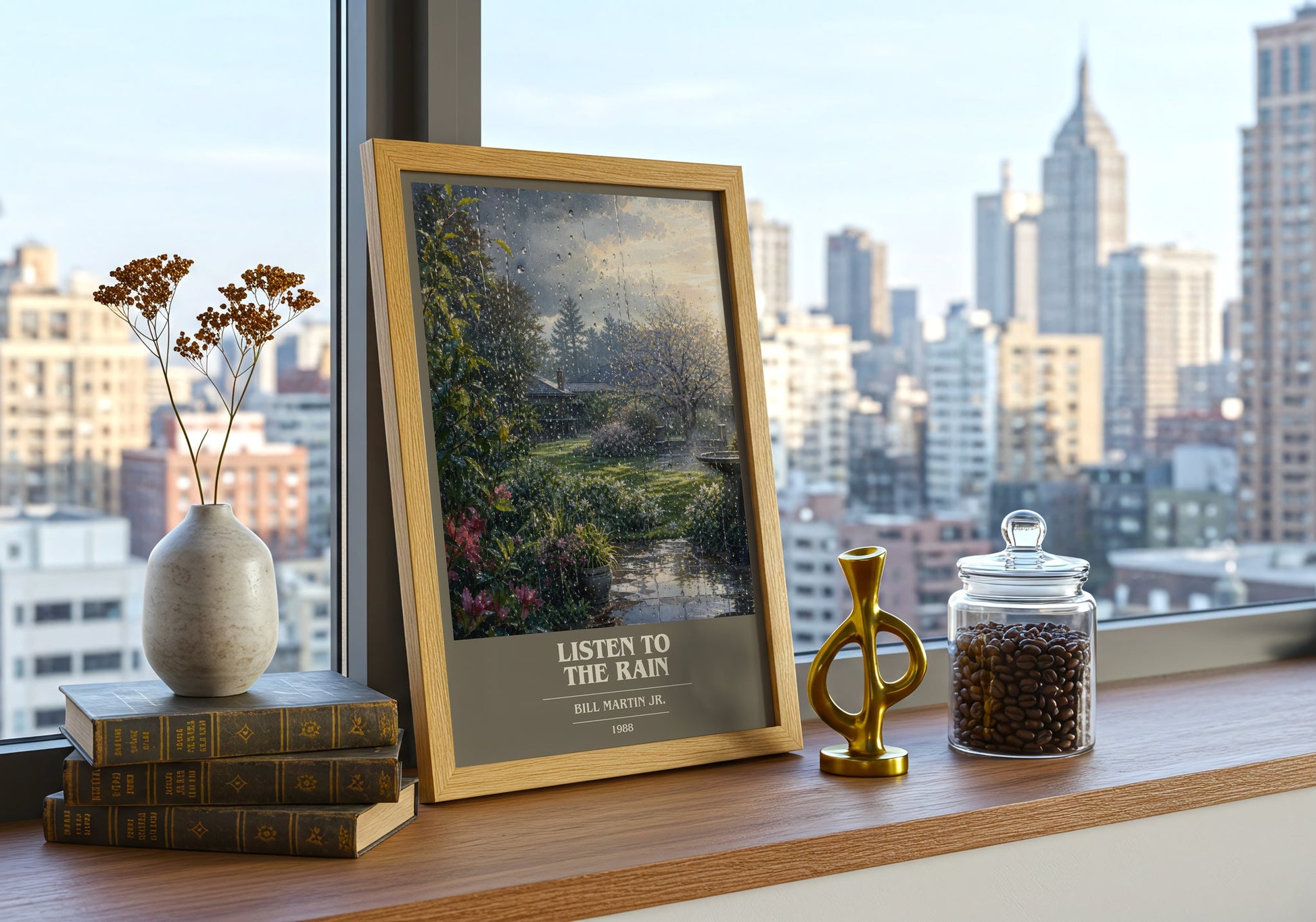 Listen To The Rain book cover print framed by window – literary home decor
