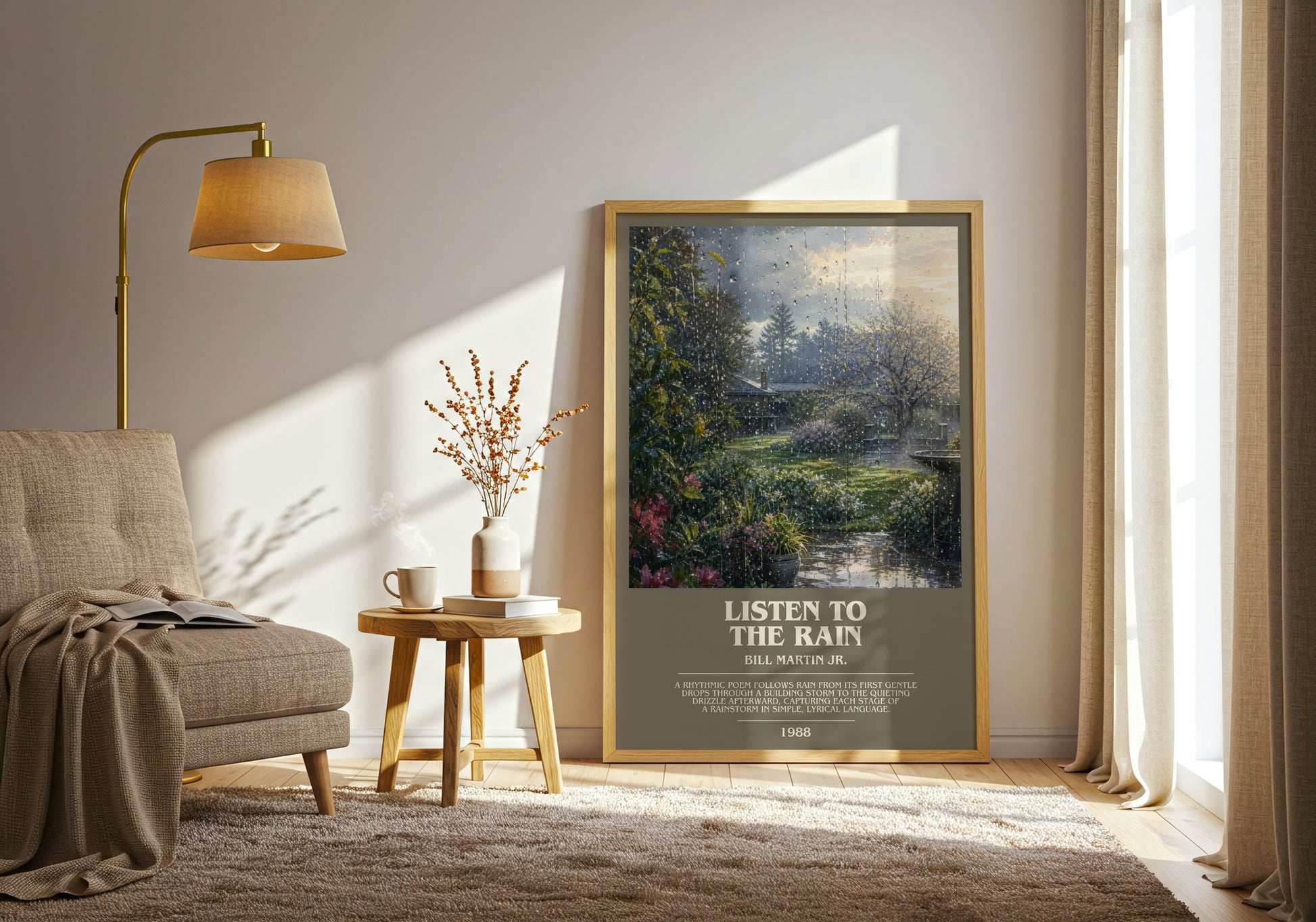 Listen To The Rain bookish print on bookshelf – Bill Martin Jr. fan gift
