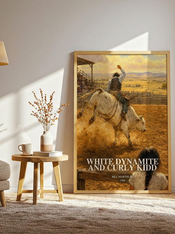 White Dynamite And Curly Kidd watercolour print in frame leaning in hallway – childrens wall art