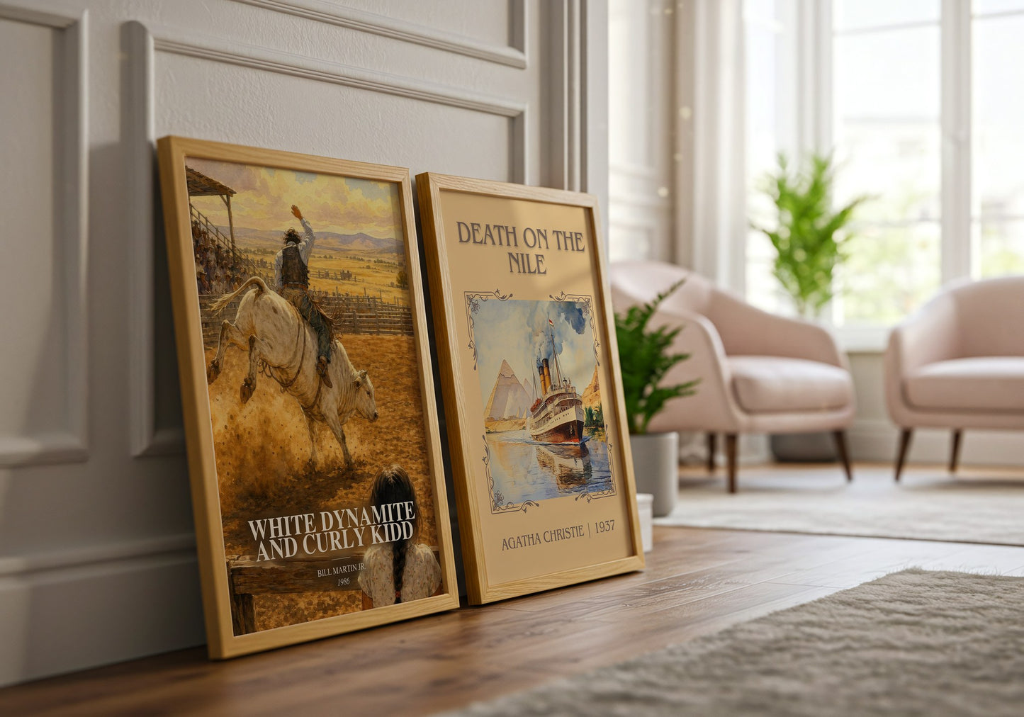 White Dynamite And Curly Kidd watercolour print framed by window – literary home decor