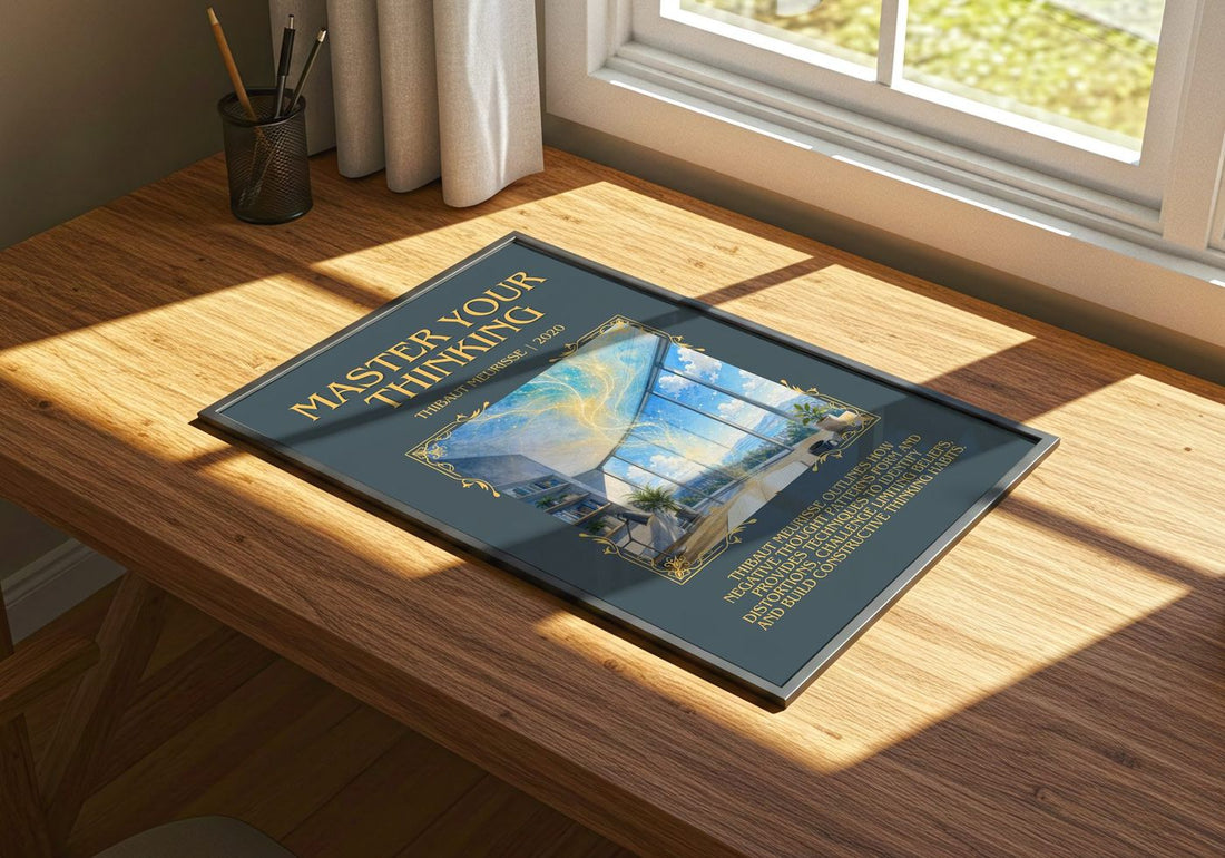 Master Your Thinking Minimalist Book Poster by Thibaut Meurisse – print on a sunlit desk