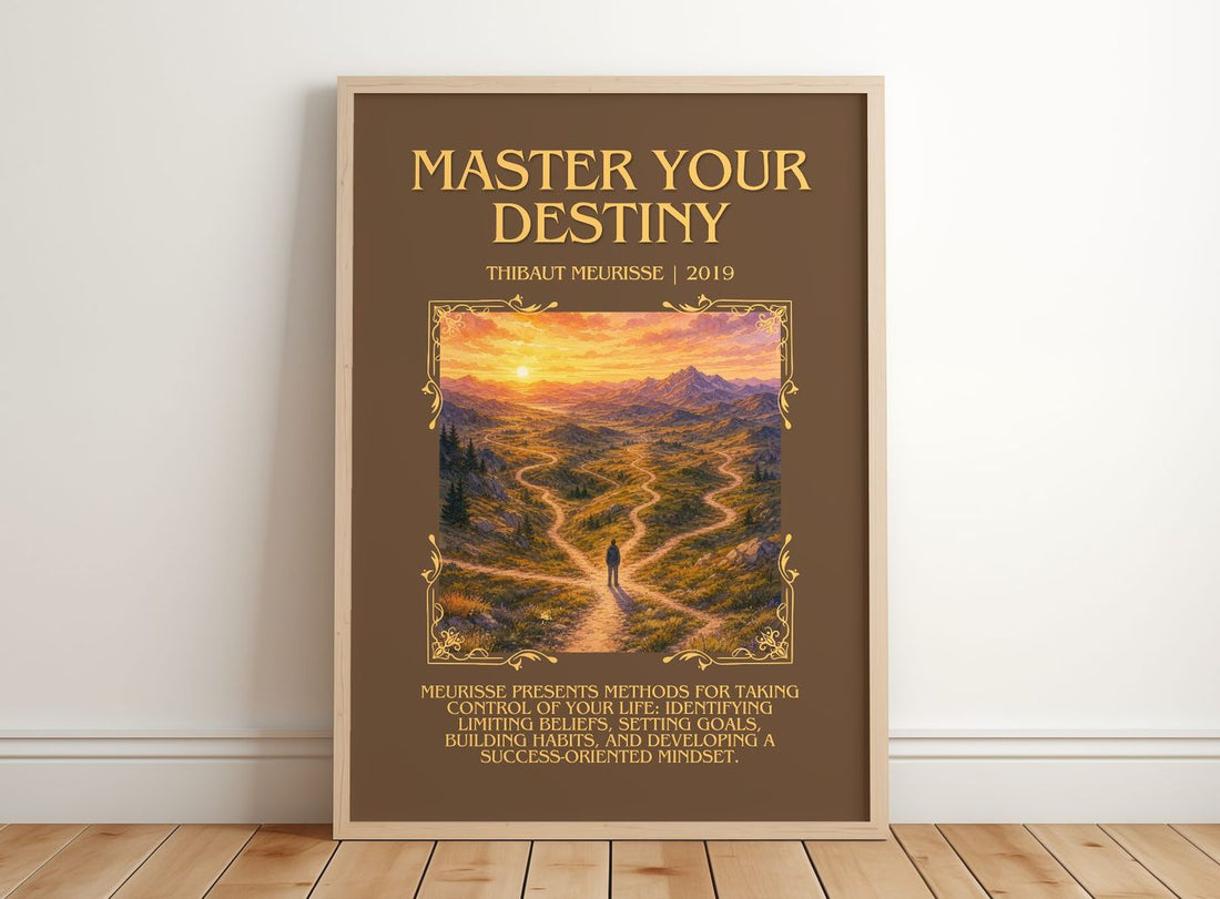 Master Your Destiny Minimalist Book Poster by Thibaut Meurisse – framed print leaning on a wooden floor