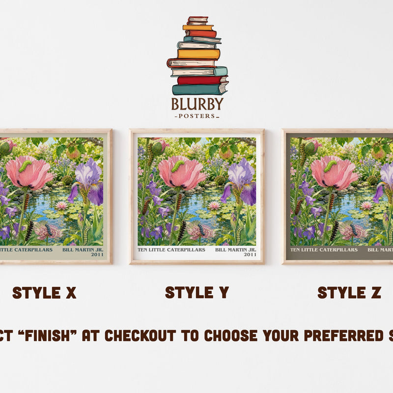 Ten Little Caterpillars literary print in frame leaning in hallway – childrens wall art