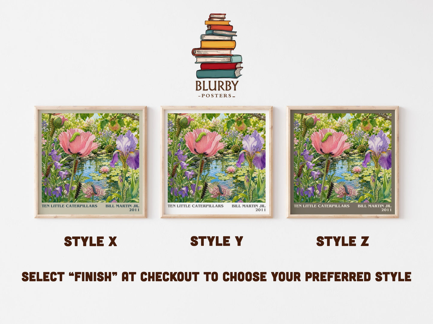 Ten Little Caterpillars literary print in frame leaning in hallway – childrens wall art