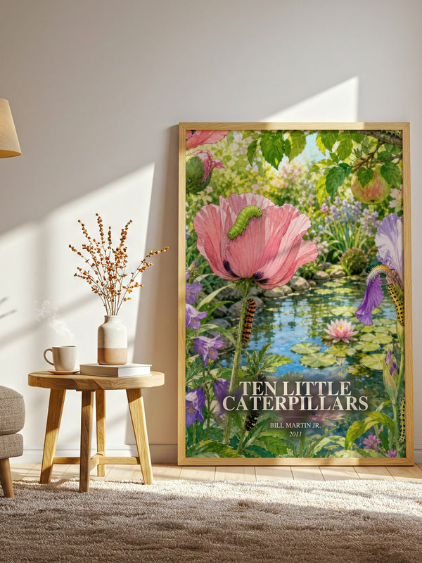 Ten Little Caterpillars watercolour print in frame leaning in hallway – childrens wall art