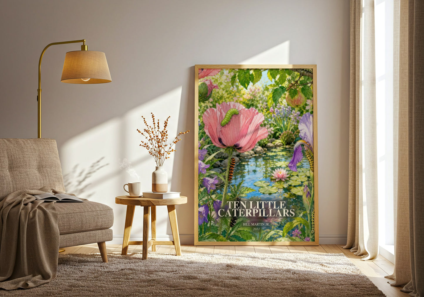 Ten Little Caterpillars watercolour print in frame leaning in hallway – childrens wall art