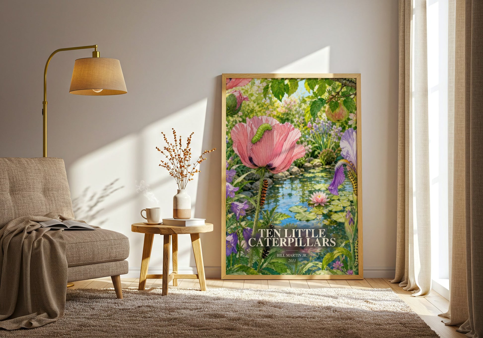 Ten Little Caterpillars watercolour print in frame leaning in hallway – childrens wall art