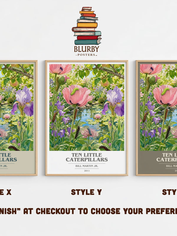 Ten Little Caterpillars book cover print in frame leaning in hallway – childrens wall art